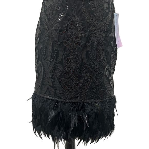 Minuet Petite Black Lace Sequin Halter Feather Hem Mini Dress L NWT - Picture 6 of 10